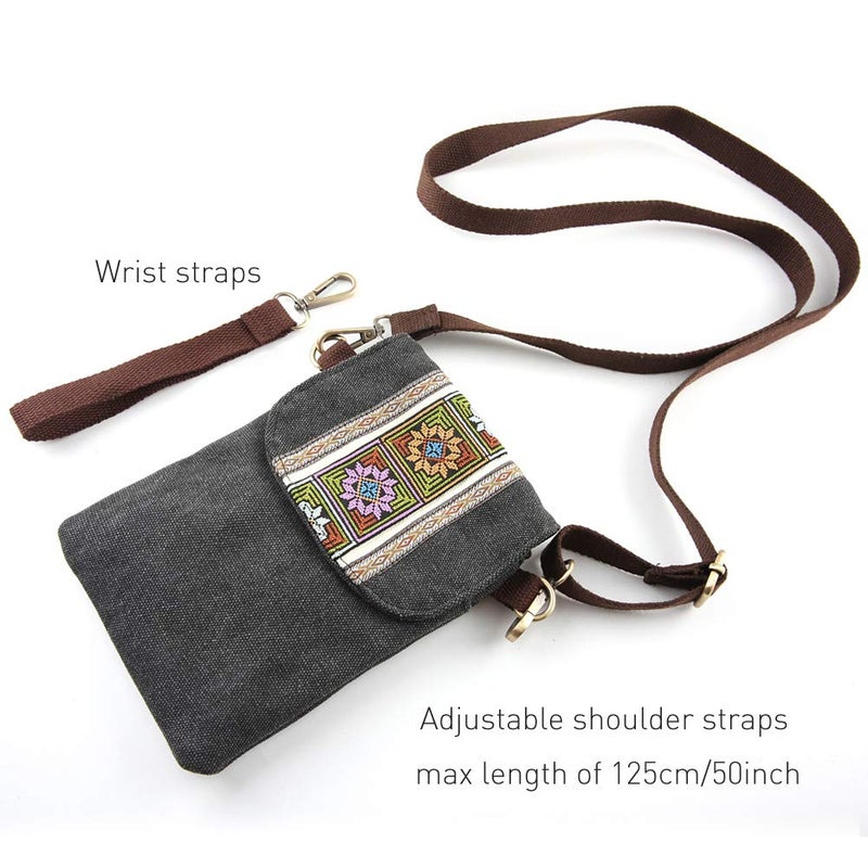 SILKAREA Vintage Embroidered Canvas Flip Small Crossbody Bag Cell Phone Pouch for Women Wristlet Wallet Bag Coin Purse (Black) - Image 5